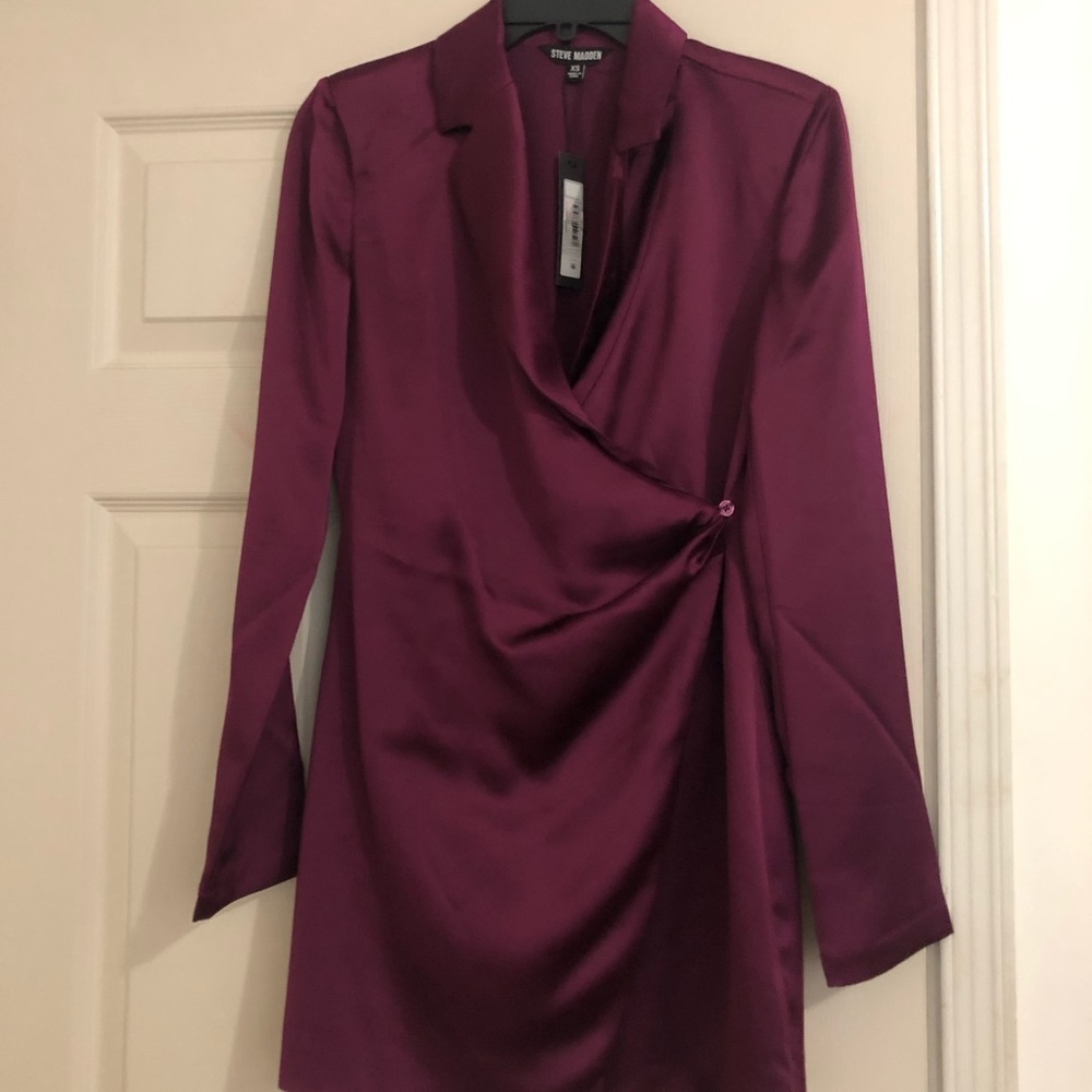 Steve Madden Plum Satin Wrap Long-Sleeve Dress
